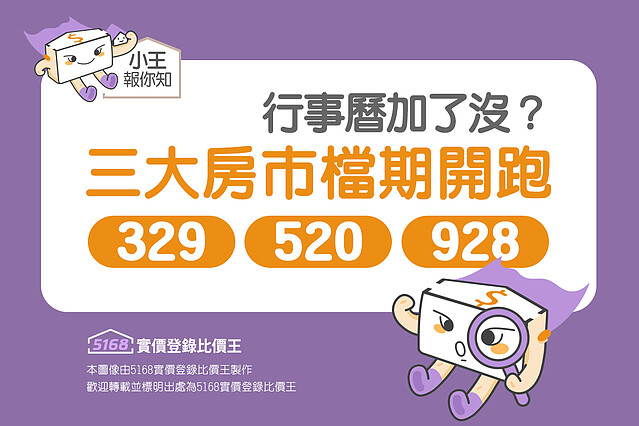 圖解／行事曆加了沒？三大房市檔期開跑：329、520、928檔期｜5168實價登錄比價王